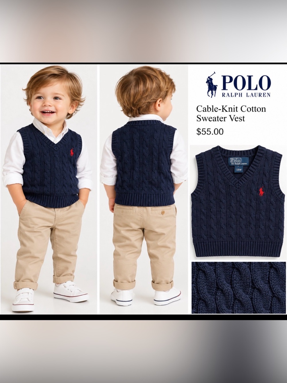 Polo by Ralph Lauren Kids’ Navy Cable-Knit Cotton Sweater Vest, Size 18M